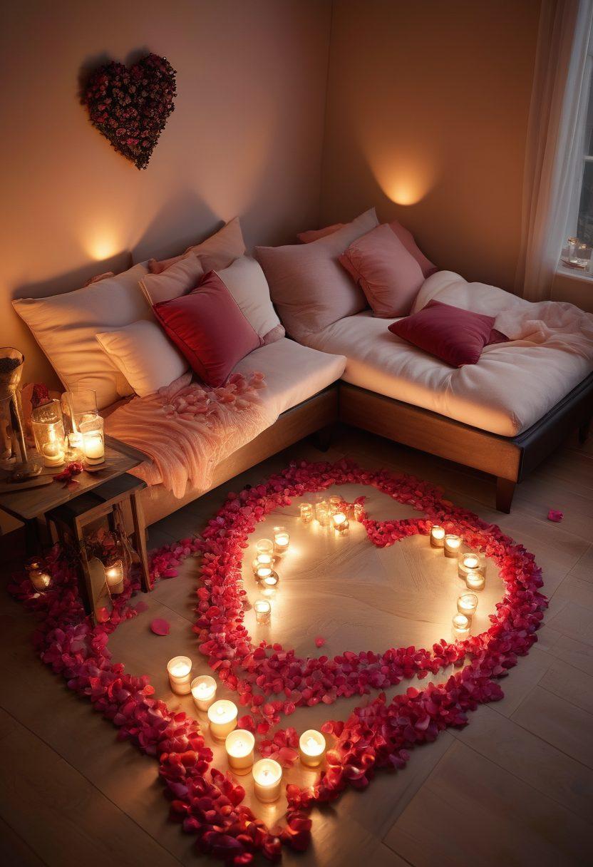 A cozy candlelit room with a couple engaging in a sensual activity, surrounded by soft pillows and warm colors. Incorporate elements like rose petals scattered on the floor and a heart-shaped arrangement of candles. Soft, inviting textures to emphasize intimacy and connection. Include a gentle glow to highlight the romance of the moment. super-realistic. warm tones. soft focus.
