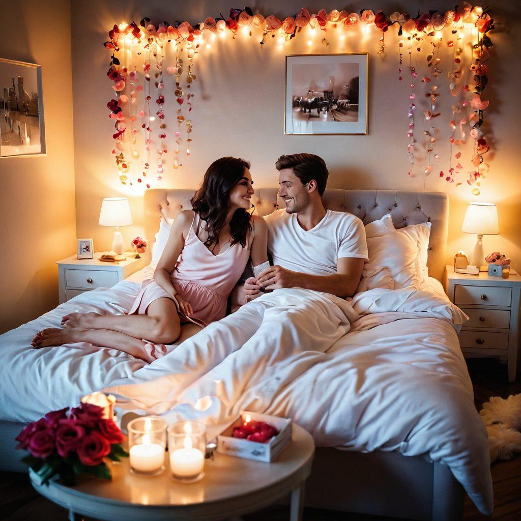 A captivating scene depicting a cozy bedroom adorned with soft, ambient lighting and a plush bed, surrounded by romantic elements like scented candles, rose petals, and intimate accessories. In the foreground, a couple is playfully engaging in a fun, light-hearted moment, showcasing their deep connection and passion. The overall atmosphere should evoke warmth and tenderness, inviting the viewer into the world of romantic intimacy. super-realistic. soft pastel colors. gentle lighting.