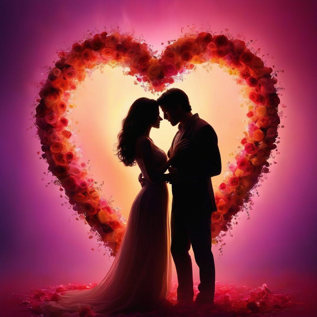 A sensual and artistic representation of passion, featuring a glowing heart surrounded by swirling, vibrant colors and soft silhouettes of a couple entwined in a warm embrace. The background should convey a dreamy, ethereal atmosphere with subtle hints of roses and soft candlelight, symbolizing romance and intimacy. The overall mood should be enchanting and inviting. super-realistic. vibrant colors. soft-focus.